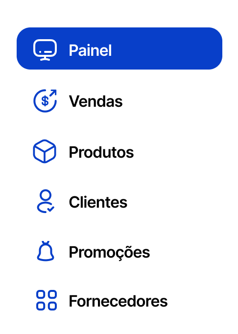 Menu do painel: Vendas, Produtos, Clientes, Promoções, Fornecedores