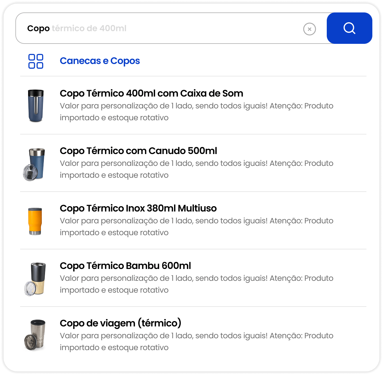Busca de produtos com filtro por categoria: Canecas e Copos